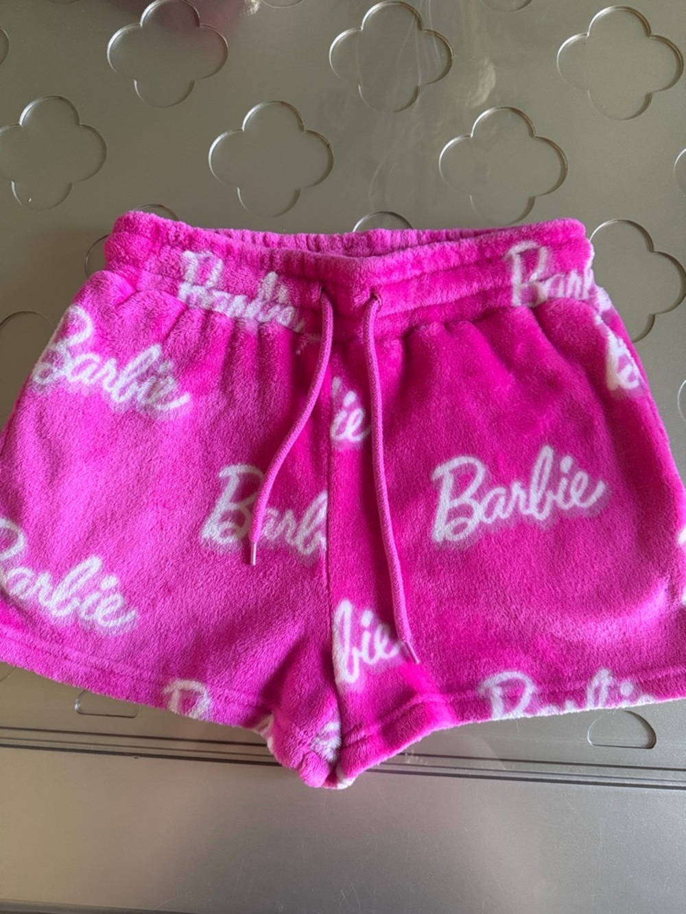 BARBIE Plush Lounge Shorts Pink Logo Fleece Pajama Sleep Shorts Size Small - Picture 3 of 14